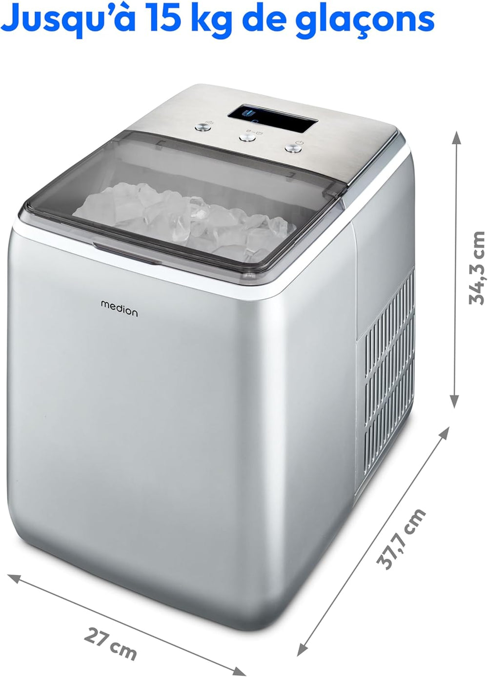 MEDION Ice maker (ice cube size small & large, 2.6 litre water tank, short production time approx. 10 minutes, crystal clear ice cubes, self-cleaning, control window, screen,