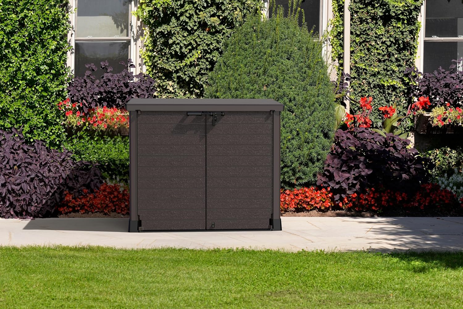 Duramax StoreAway 1200L Plastic Garden Shed/ Flat Lid, Outdoor Storage Shed, Wheelie Bin Hideaways, Wheelie bin box, Durable Construction, Ideal for Bikes, BBQs & 2x 240L Bins, 145x85x125 cm, Brown