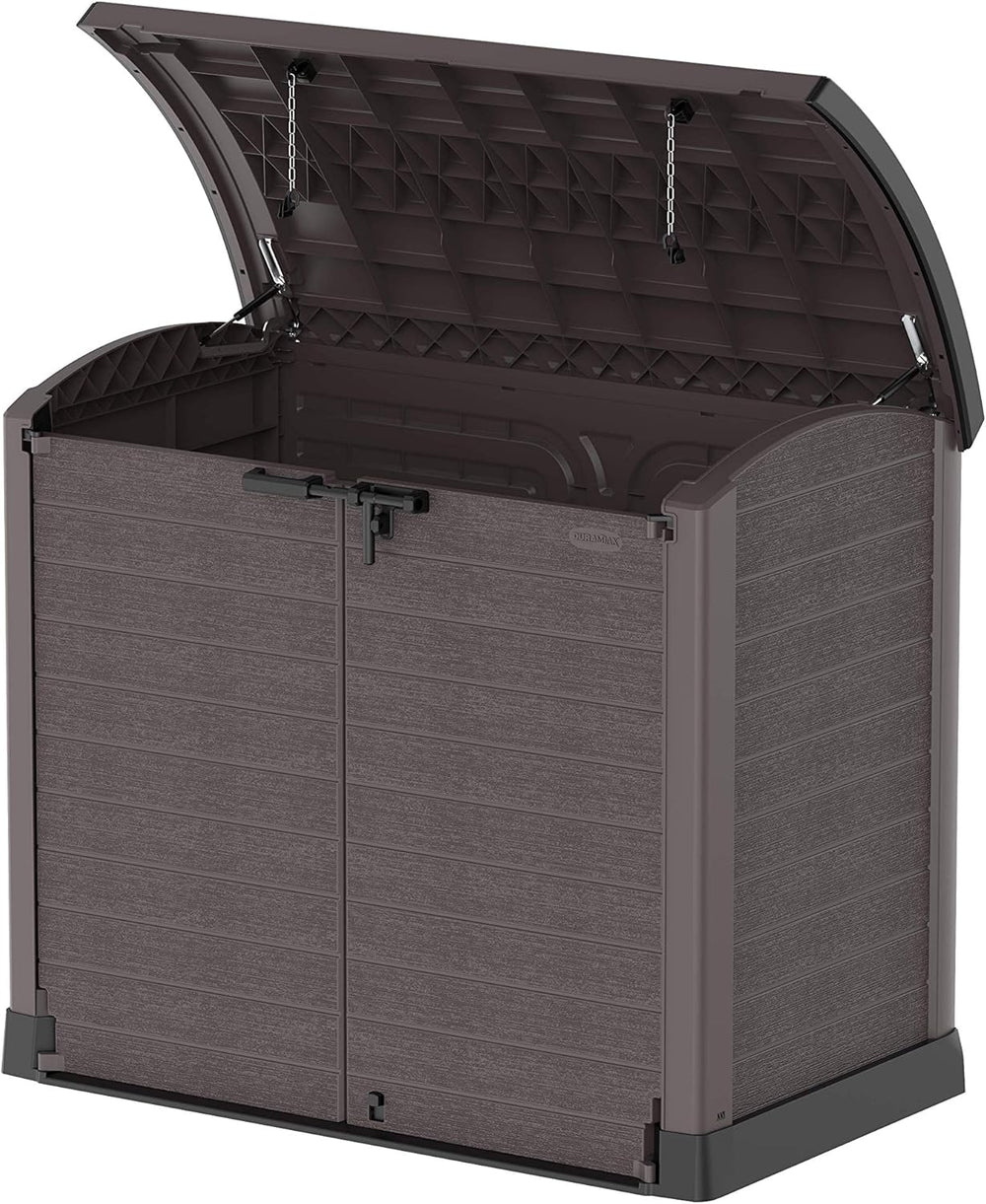 Duramax StoreAway 1200L Plastic Garden Shed/ Flat Lid, Outdoor Storage Shed, Wheelie Bin Hideaways, Wheelie bin box, Durable Construction, Ideal for Bikes, BBQs & 2x 240L Bins, 145x85x125 cm, Brown