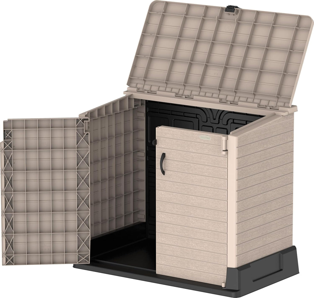 Duramax StoreAway 1200L Plastic Garden Shed/ Flat Lid, Outdoor Storage Shed, Wheelie Bin Hideaways, Wheelie bin box, Durable Construction, Ideal for Bikes, BBQs & 2x 240L Bins, 145x85x125 cm, Brown