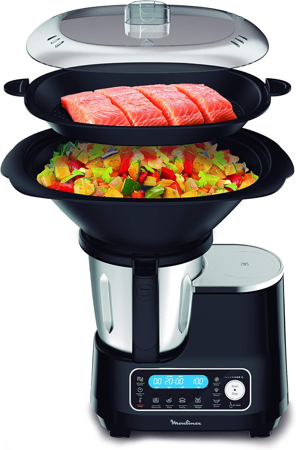 Moulinex Clickchef Compact Multi-Function Cooker, 3.6 L, 1400 W, 5 Programs, 32 Functions, Built-in Kitchen Scale, Steamer, Mixer HF456810 [Control Screen]