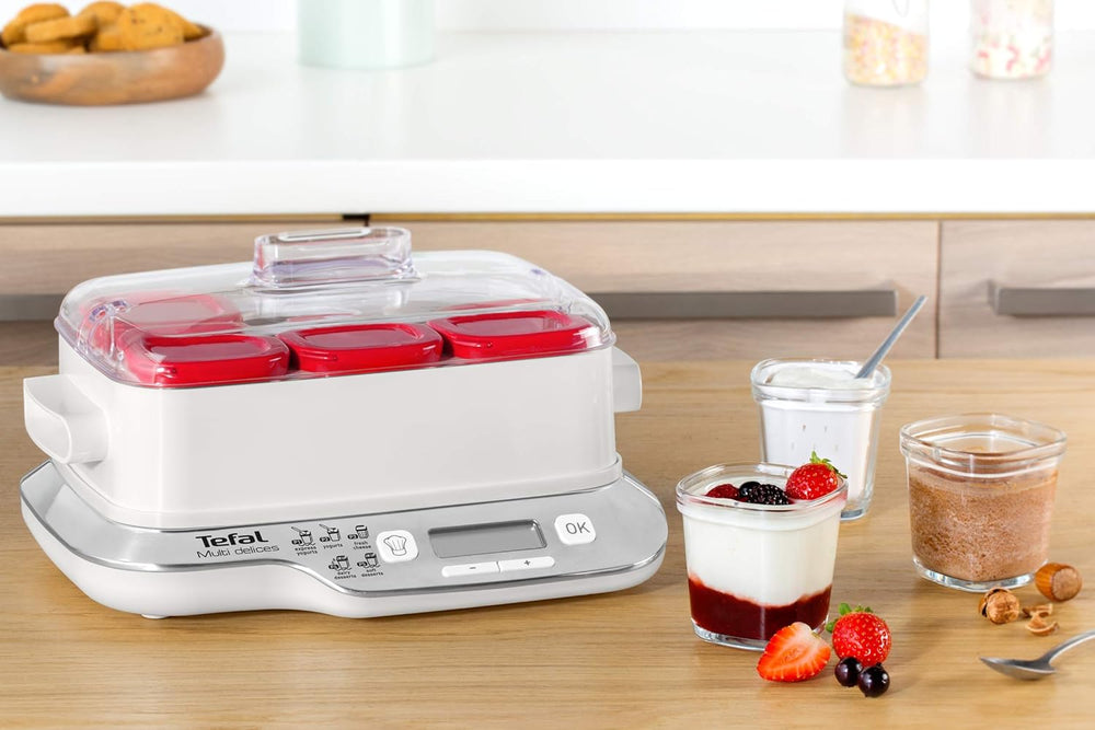 Seb Yogurt Maker 12 Jars, Glass Jars 140 ml, 5 Automatic Programs, BPA-Free, Compact, Homemade Yogurt & XF101001 Delices Box Box 1 L Tray White Yogurt-Cheese with Drainer