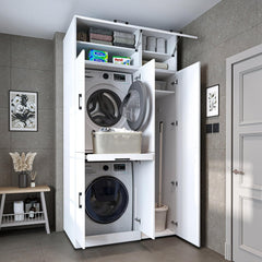 ROOMART Dora - Armoire de machine à laver - Pour sèche-linge et machine à laver - En 4 couleurs - Avec portes et panneau coulissant - Blanc - Chêne blanc - Chêne anthracite - Chêne blanc (chêne blanc)