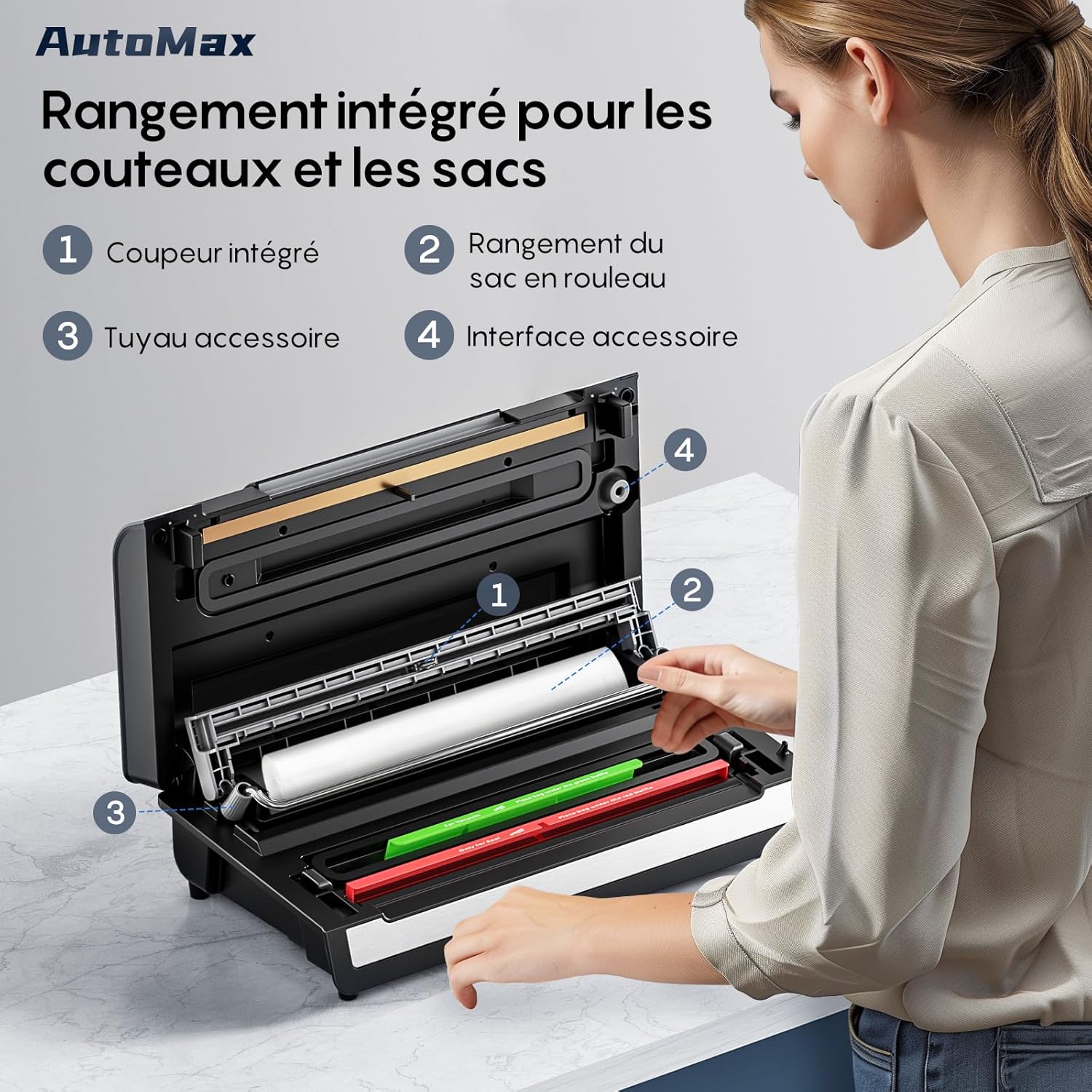 FRESKO Automatic Vacuum Sealer Machine, 140 Watts, Hands-Free Vacuum Machine, Dry/Wet Detection, 2 Roll Bag, Built-in Cutter and Bag Storage (AutoMax V8)