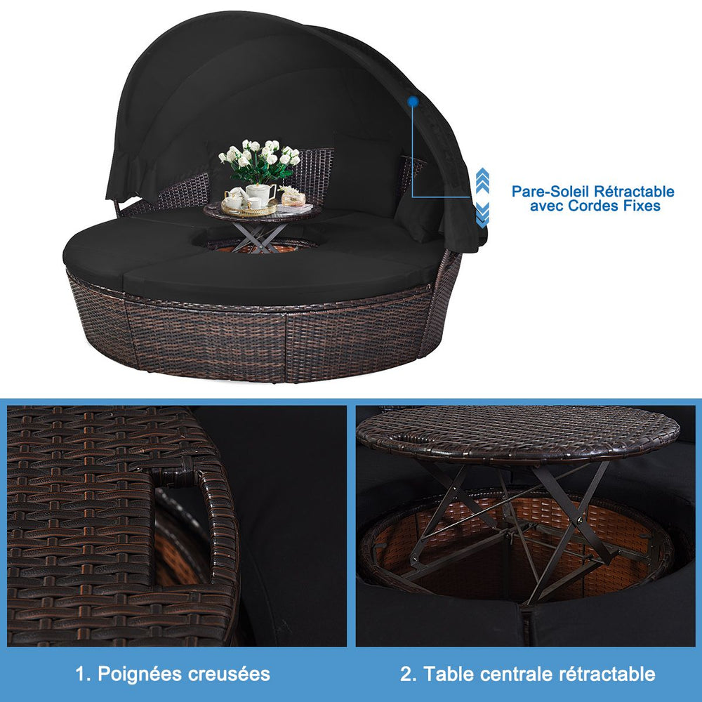 Lit de Jardin Rond d'Exterieur Table Relevable Modulable & Convertible - Pare Soleil Réglable rotin PE Coussins Inclus Noir