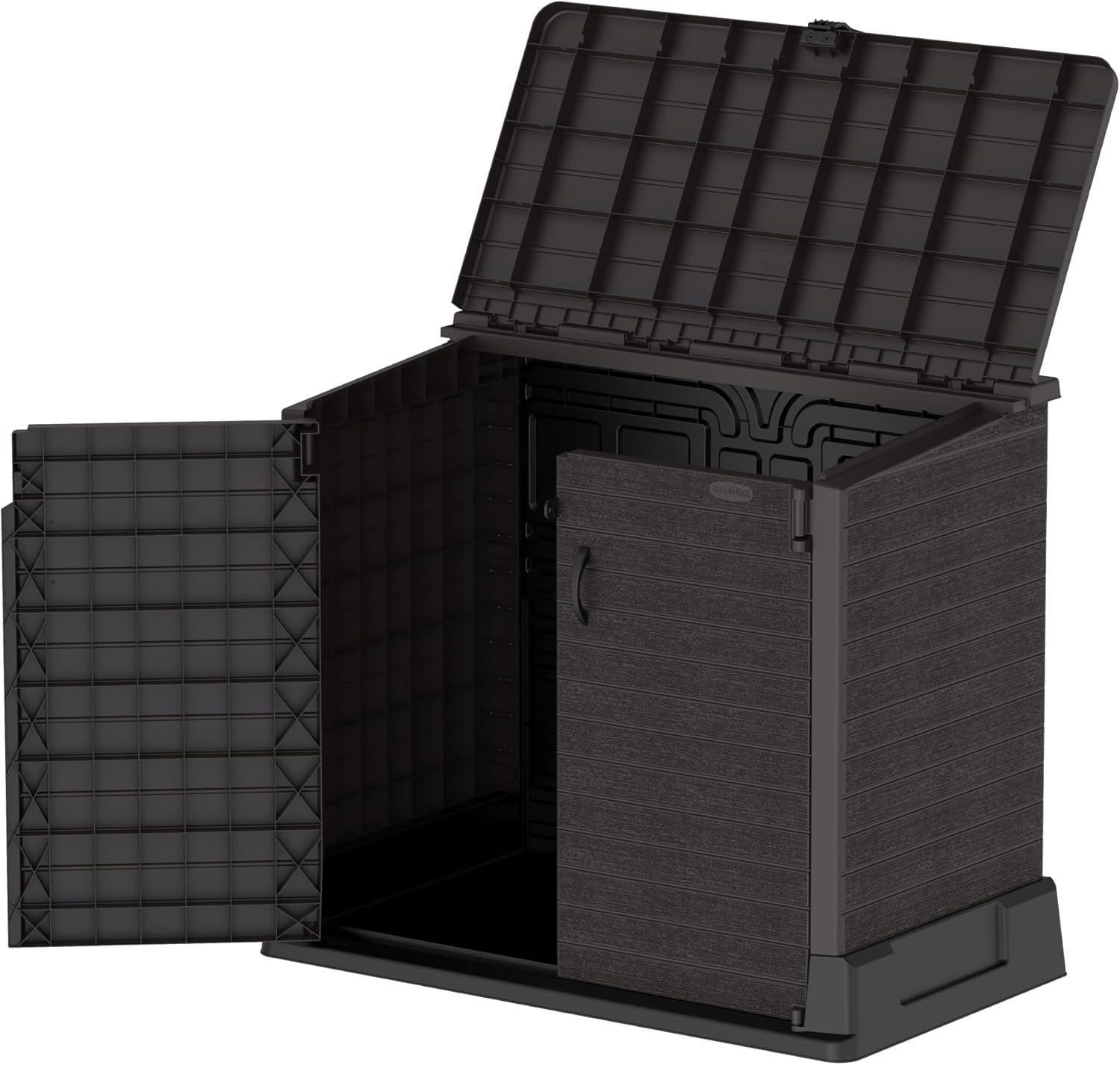 Duramax StoreAway 1200L Plastic Garden Shed/ Flat Lid, Outdoor Storage Shed, Wheelie Bin Hideaways, Wheelie bin box, Durable Construction, Ideal for Bikes, BBQs & 2x 240L Bins, 145x85x125 cm, Brown