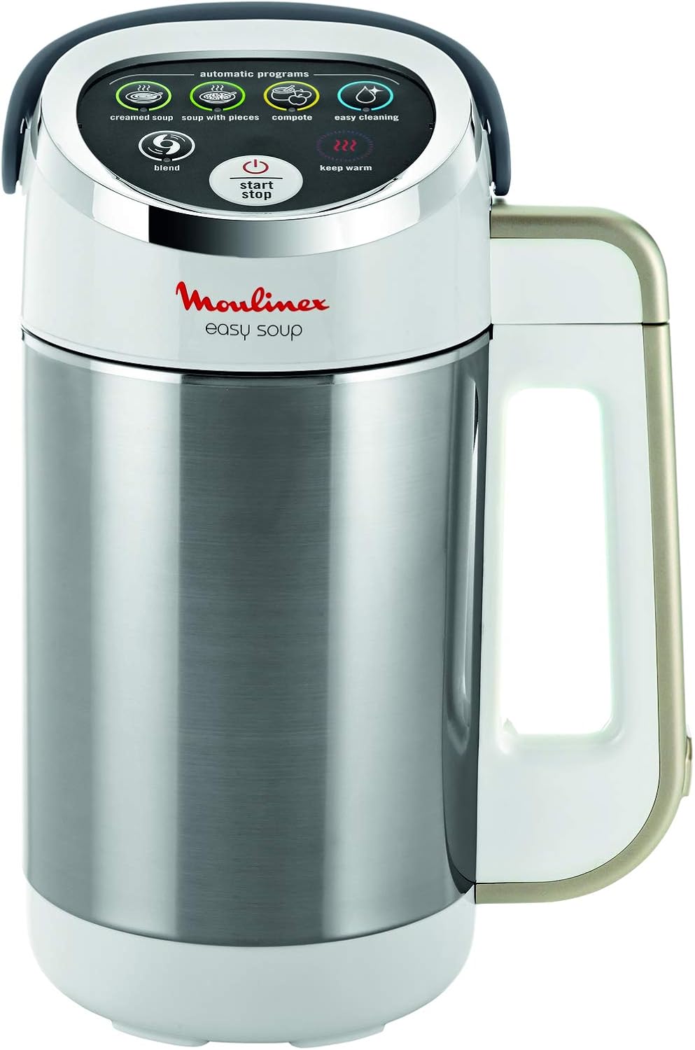 Moulinex Blender chauffant, Mixeur soupe, Puissance 1000 W, Capacité 1,2 L, 5 programmes automatiques, Double paroi, Maintien au chaud 40 min, Livret recettes, Easy Soup, Inox LM841B10