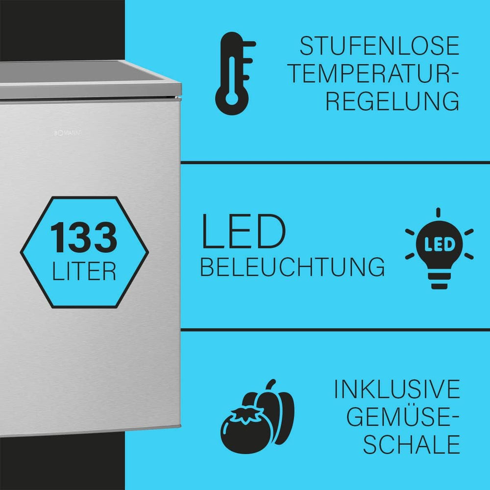 Bomann Réfrigérateur 133L blanc VS2195-1-blanc, Capacité nette : 133 litres, Éclairage intérieur à DEL, Contrôle de la température en continu, 3 clayettes en verre