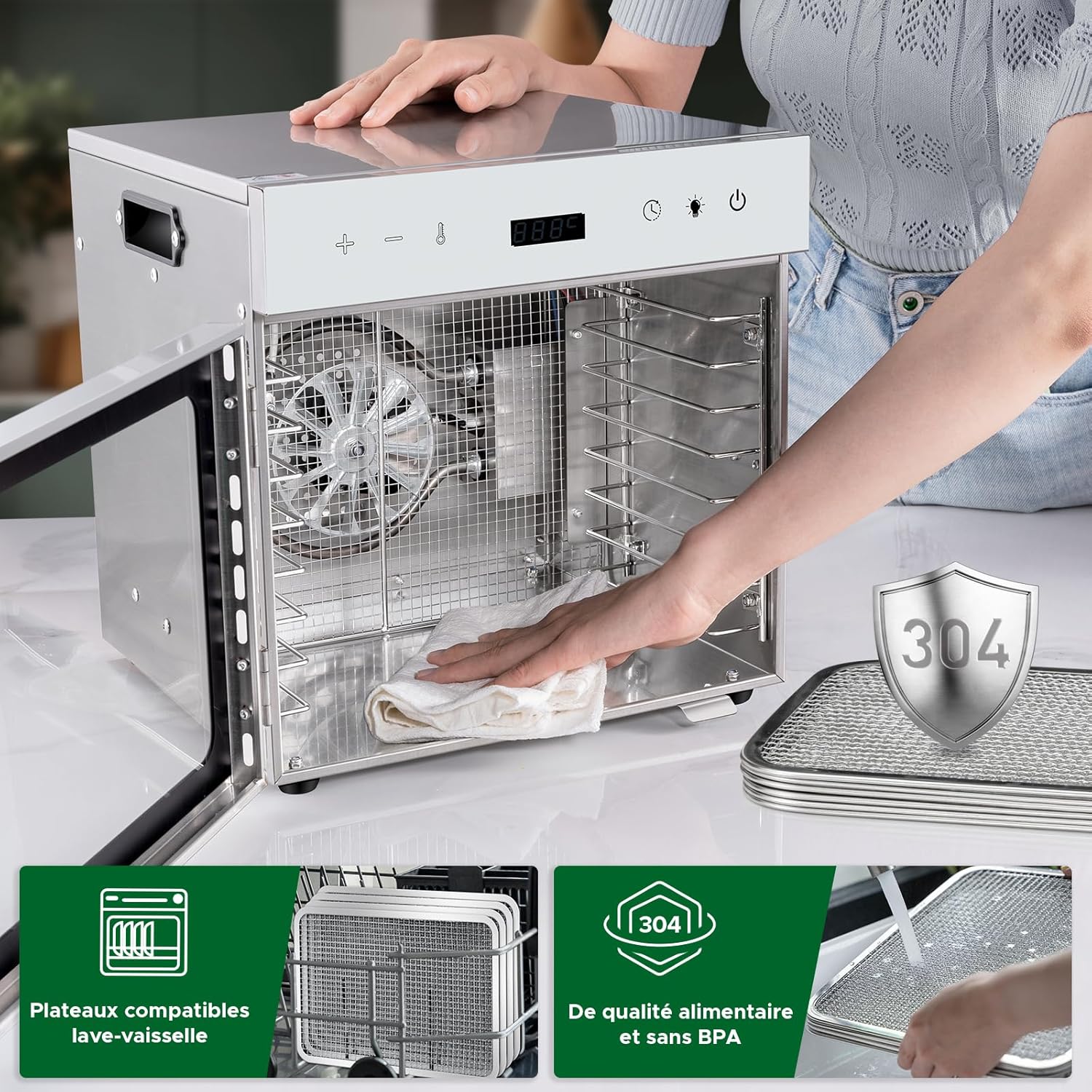 Kwasyo Food Dehydrator Stainless Steel 8 Trays Temperature Regulator 30-90°C 24H Timer Function BPA Free Dehydrator for Fruit, Meat, Vegetables
