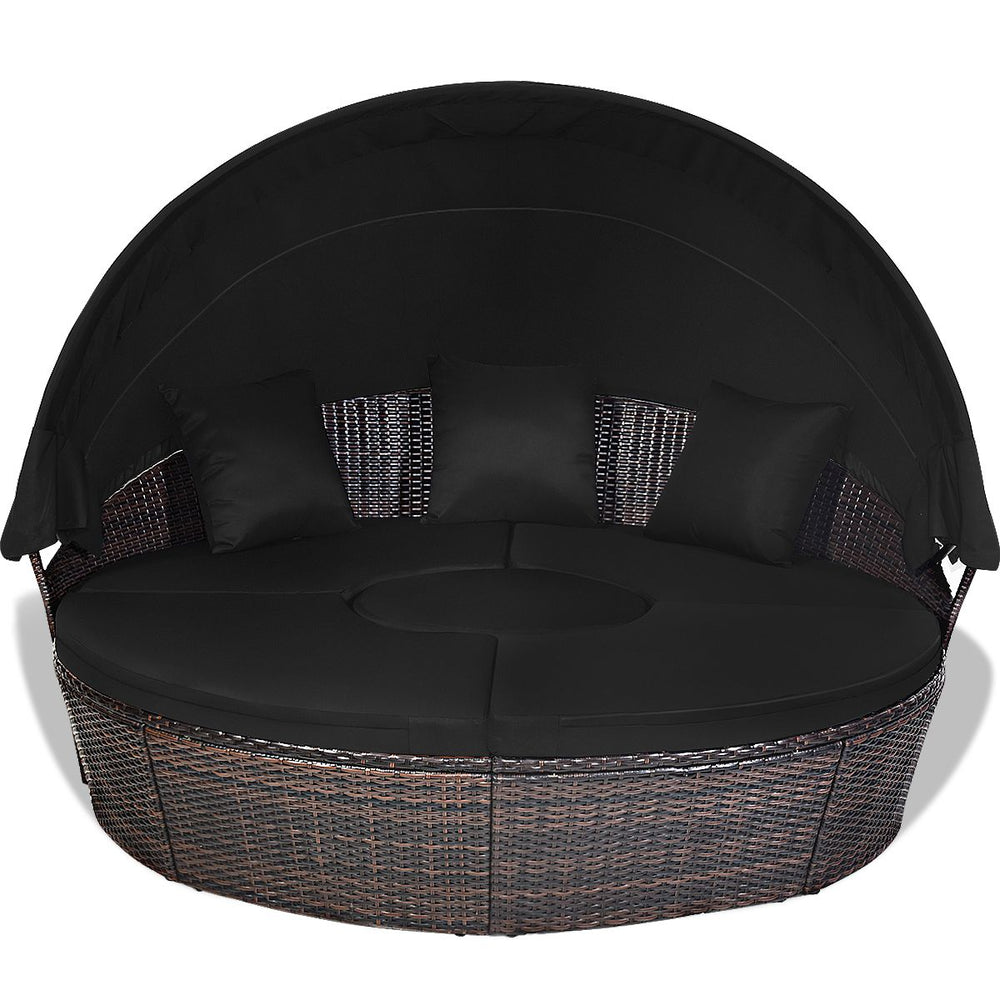 Lit de Jardin Rond d'Exterieur Table Relevable Modulable & Convertible - Pare Soleil Réglable rotin PE Coussins Inclus Noir
