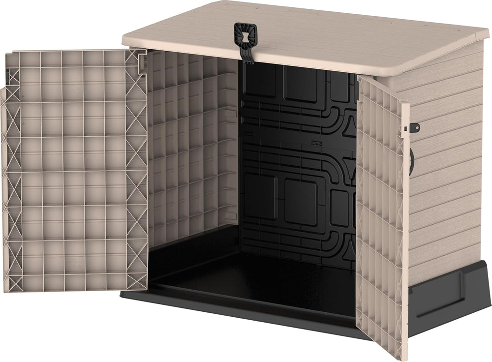 Duramax StoreAway 1200L Plastic Garden Shed/ Flat Lid, Outdoor Storage Shed, Wheelie Bin Hideaways, Wheelie bin box, Durable Construction, Ideal for Bikes, BBQs & 2x 240L Bins, 145x85x125 cm, Brown