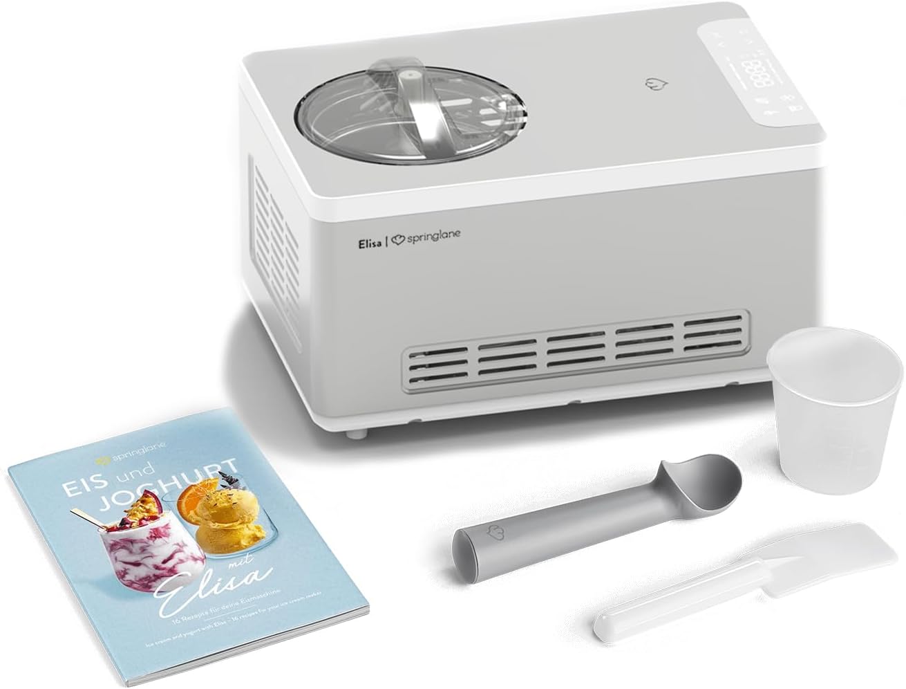 SPRINGLANE Sorbetière et yaourtière Elisa 2,0 L avec compresseur auto-refroidissant 180 W (Argent, avec accessoires)