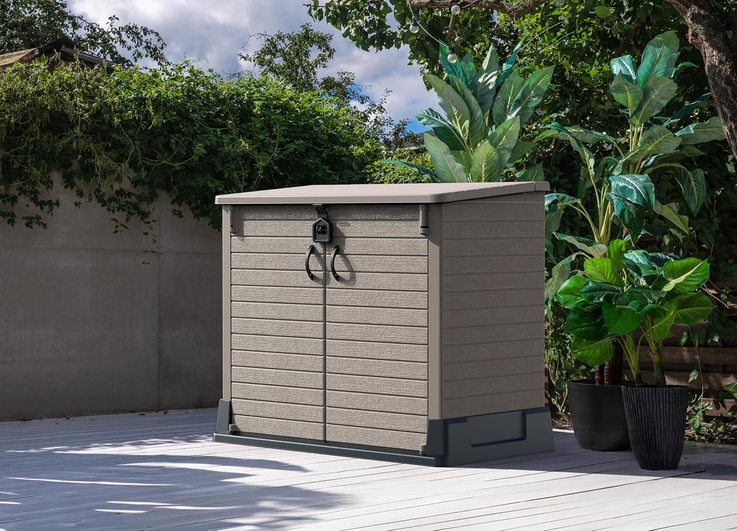 Duramax StoreAway 1200L Plastic Garden Shed/ Flat Lid, Outdoor Storage Shed, Wheelie Bin Hideaways, Wheelie bin box, Durable Construction, Ideal for Bikes, BBQs & 2x 240L Bins, 145x85x125 cm, Brown