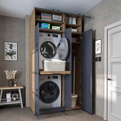 ROOMART Dora - Armoire de machine à laver - Pour sèche-linge et machine à laver - En 4 couleurs - Avec portes et panneau coulissant - Blanc - Chêne blanc - Chêne anthracite - Chêne blanc (chêne blanc)