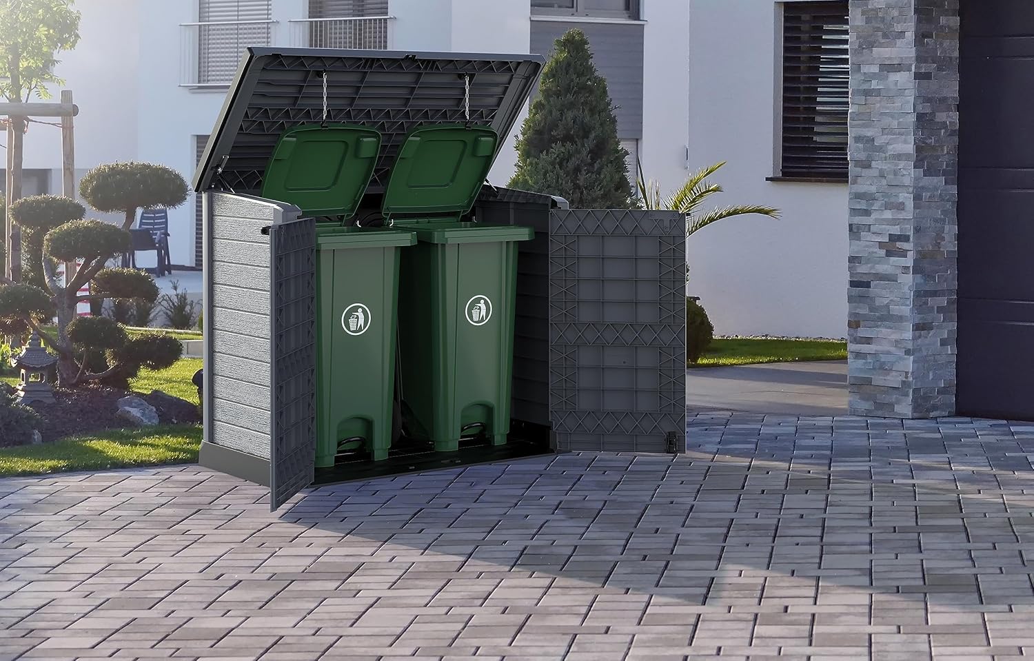Duramax StoreAway 1200L Plastic Garden Shed/ Flat Lid, Outdoor Storage Shed, Wheelie Bin Hideaways, Wheelie bin box, Durable Construction, Ideal for Bikes, BBQs & 2x 240L Bins, 145x85x125 cm, Brown