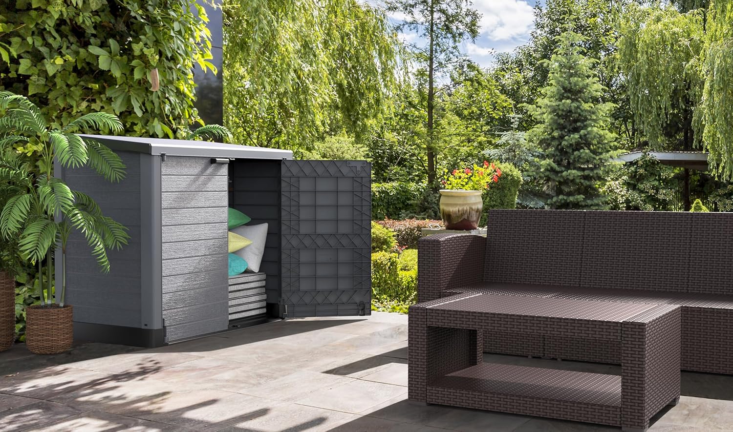 Duramax StoreAway 1200L Plastic Garden Shed/ Flat Lid, Outdoor Storage Shed, Wheelie Bin Hideaways, Wheelie bin box, Durable Construction, Ideal for Bikes, BBQs & 2x 240L Bins, 145x85x125 cm, Brown