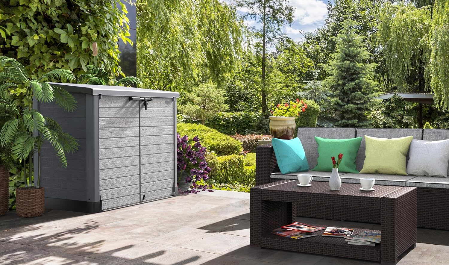 Duramax StoreAway 1200L Plastic Garden Shed/ Flat Lid, Outdoor Storage Shed, Wheelie Bin Hideaways, Wheelie bin box, Durable Construction, Ideal for Bikes, BBQs & 2x 240L Bins, 145x85x125 cm, Brown