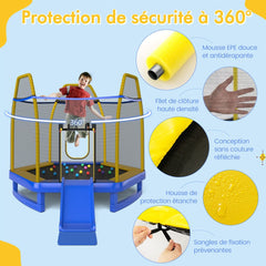 Trampoline Extérieur Ø 223cm avec Toboggan&Echelle avec Filet de Sécurité 2 Portes en U Charge 270kg pour 2-3 Enfants de 3 Ans+ Bleu/Vert