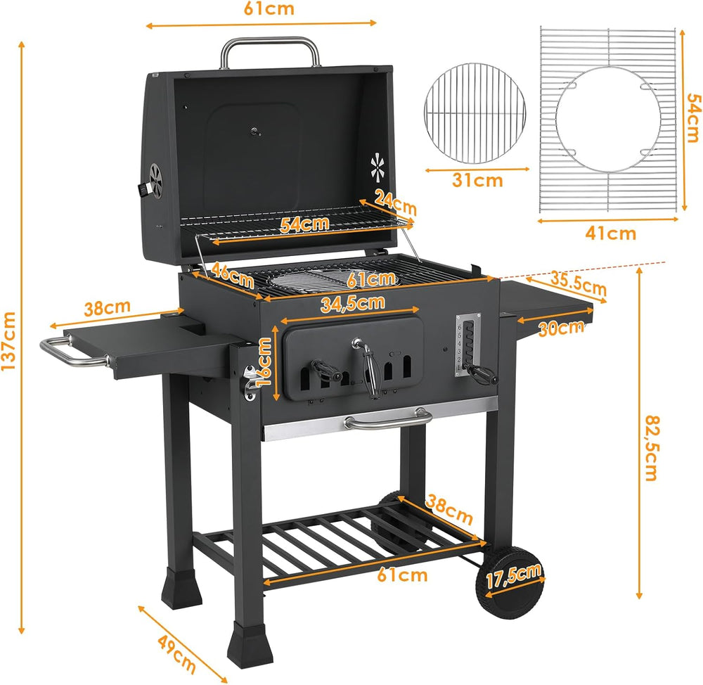 Barbecue Charbon de Bois XL, Chariot à Barbecue, Grill XL à Charbon avec Couvercle, Roues et Thermomètre, Réglable en Hauteur, Grand Barbecue au Charbon de Bois, pour Camping et Jardin, Noir
