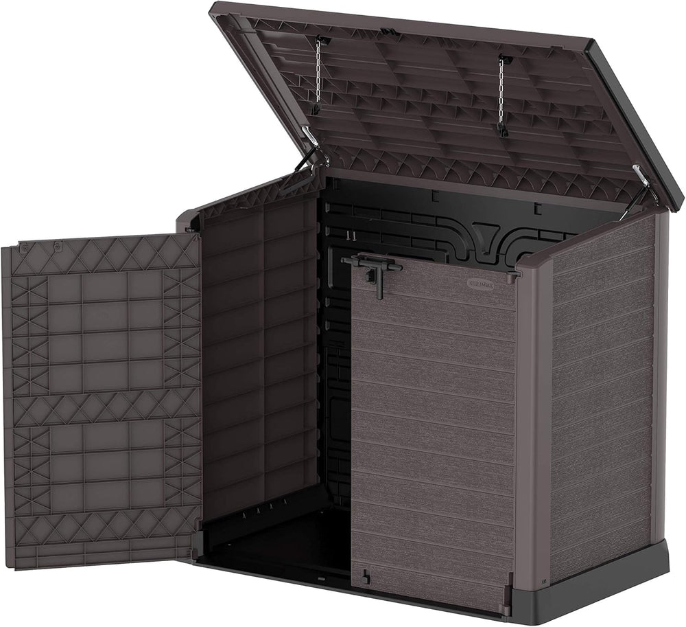 Duramax StoreAway 1200L Plastic Garden Shed/ Flat Lid, Outdoor Storage Shed, Wheelie Bin Hideaways, Wheelie bin box, Durable Construction, Ideal for Bikes, BBQs & 2x 240L Bins, 145x85x125 cm, Brown