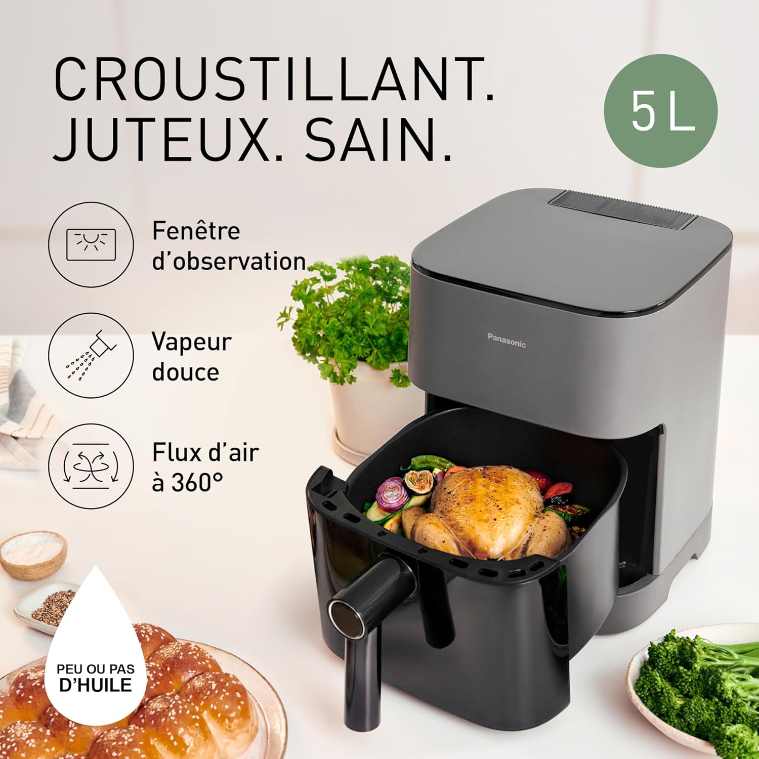 Panasonic NF-CC500SXE AirFryer Friteuse sans huile avec Hublot, 5L, 80-200°C, Minuterie Numérique et Écran LCD, Vapeur Douce, 11 Préréglages, Nettoyage Facile, Gris Mat