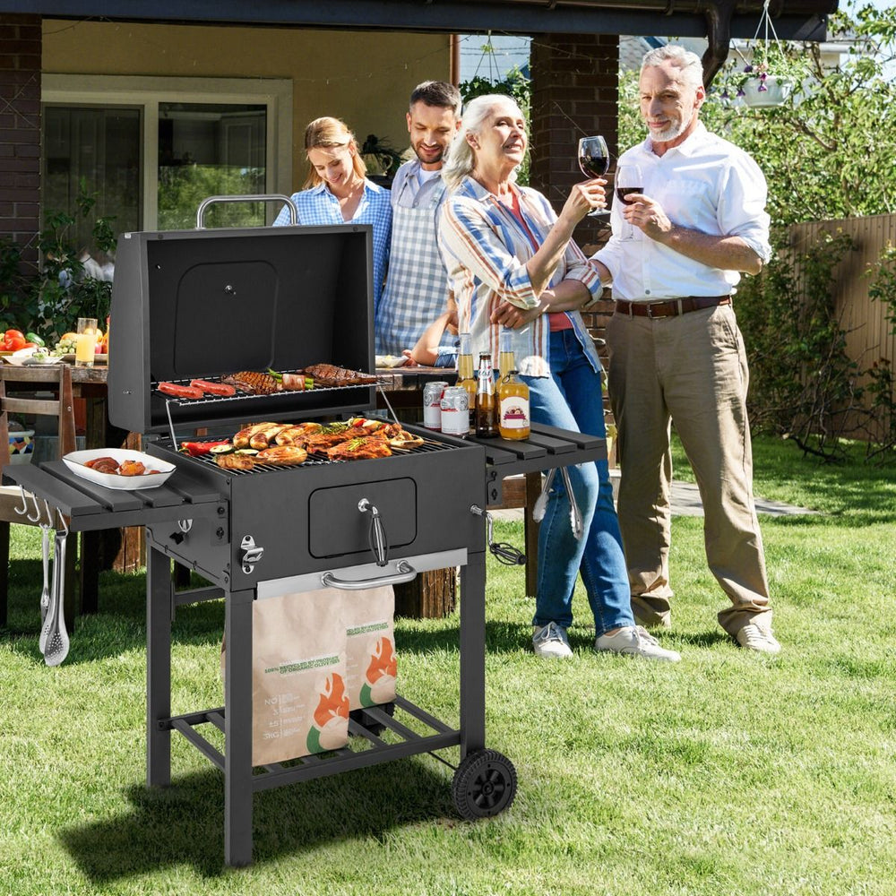 Barbecue à Charbon de Bois Portable avec 2 Tables d'Appoint Noir