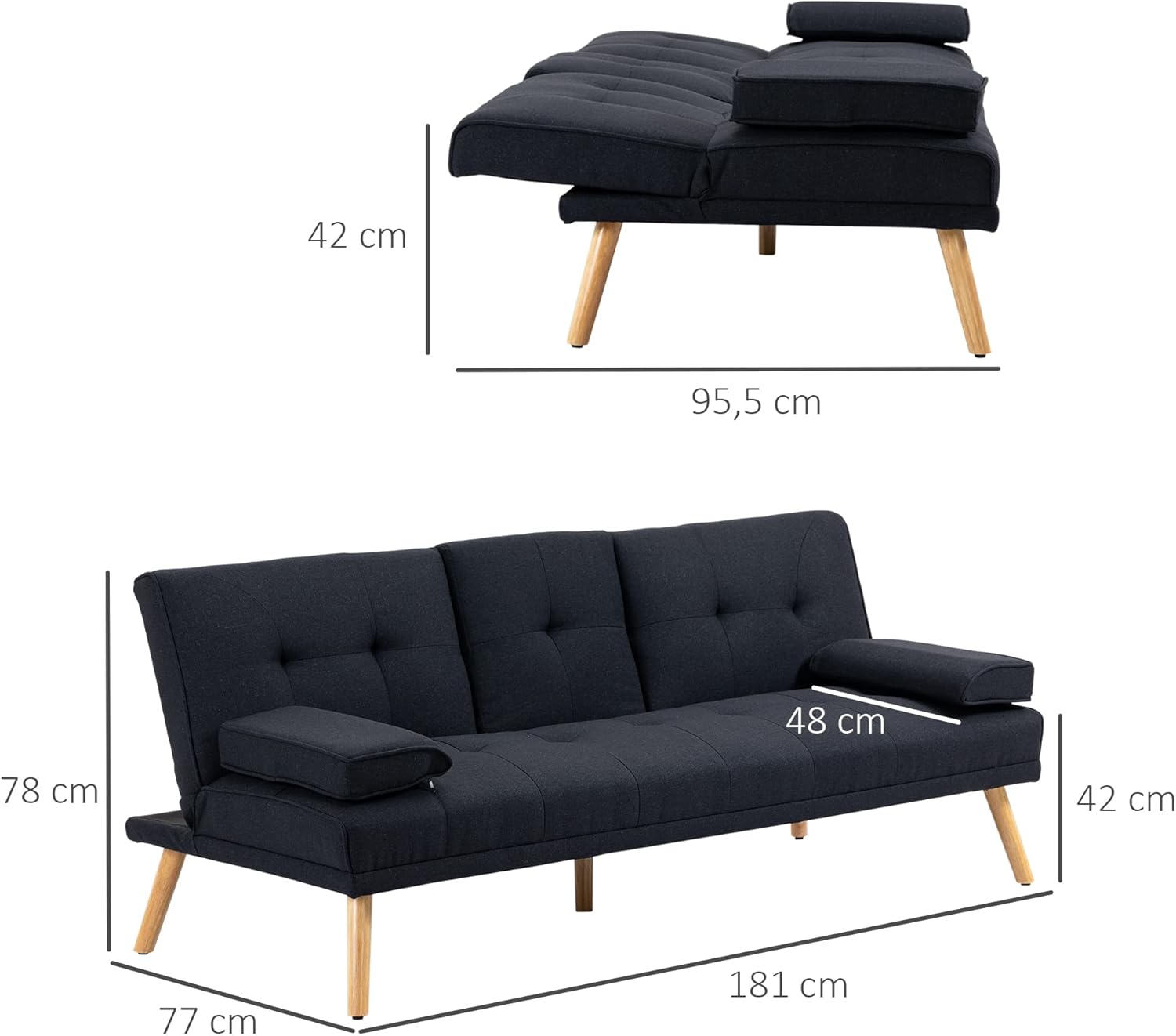 HOMCOM Canapé Convertible 3 Places Design scandinave Inclinaison Dossier réglable 3 Niveaux Dossier Centrale Rabattable 2 Porte-Verres Bois Massif Lin Gris