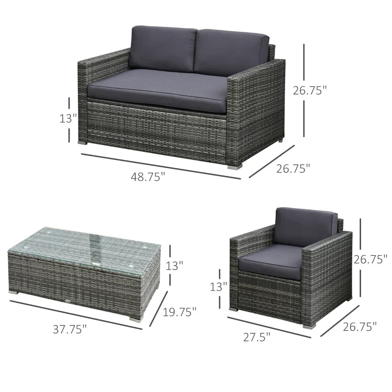 Ensemble de meubles de patio 4 pièces, canapé en osier de rotin, ensemble de luxe pour extérieur, ensemble de meubles de jardin avec coussins pour porche, jardin, balcon au bord de la piscine, gris