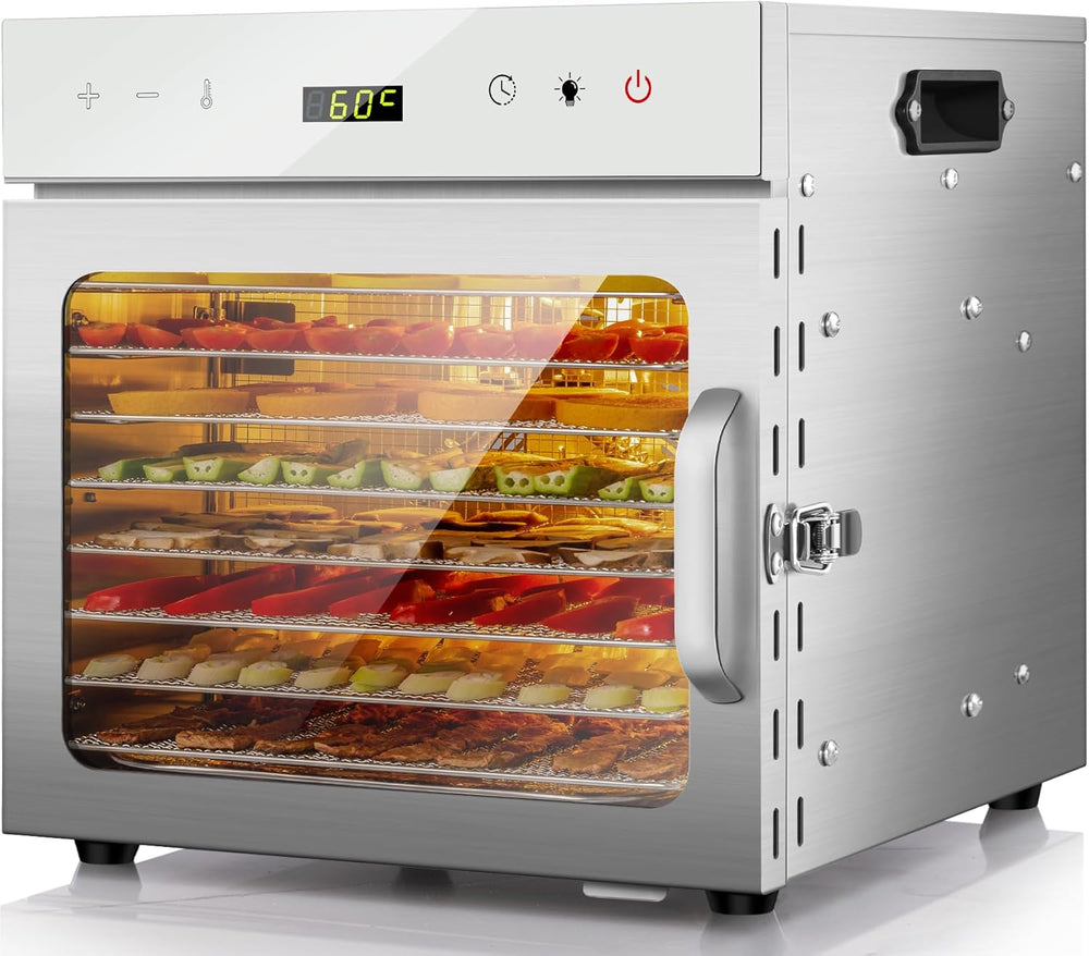 Kwasyo Food Dehydrator Stainless Steel 8 Trays Temperature Regulator 30-90°C 24H Timer Function BPA Free Dehydrator for Fruit, Meat, Vegetables