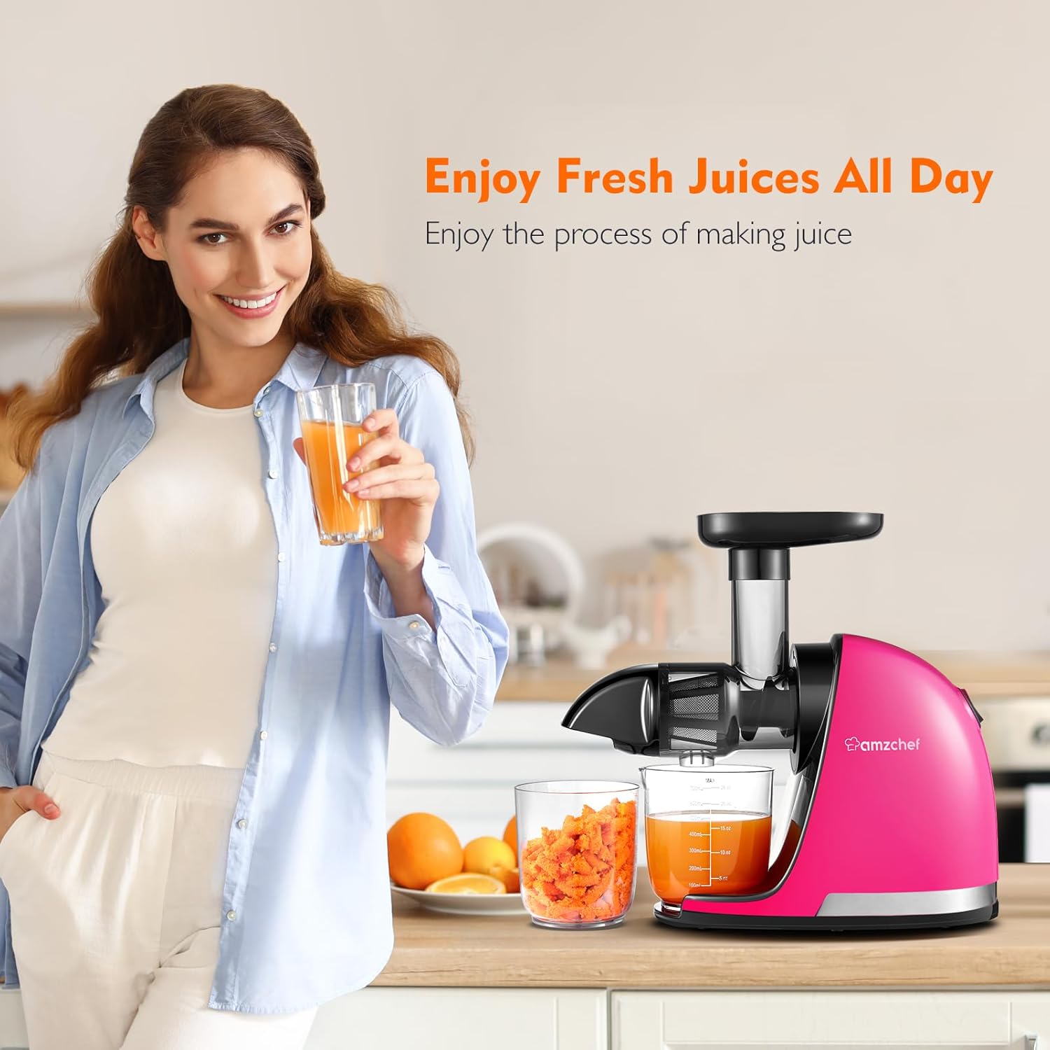 AMZCHEF Extracteur Jus - Extracteur de Jus de Fruits et Légumes - Presses-agrumes à Froid sans BPA avec 2 Tasses et Brosse - Fonction de Mastication Inversée pour Éviter les Blocages - Argent