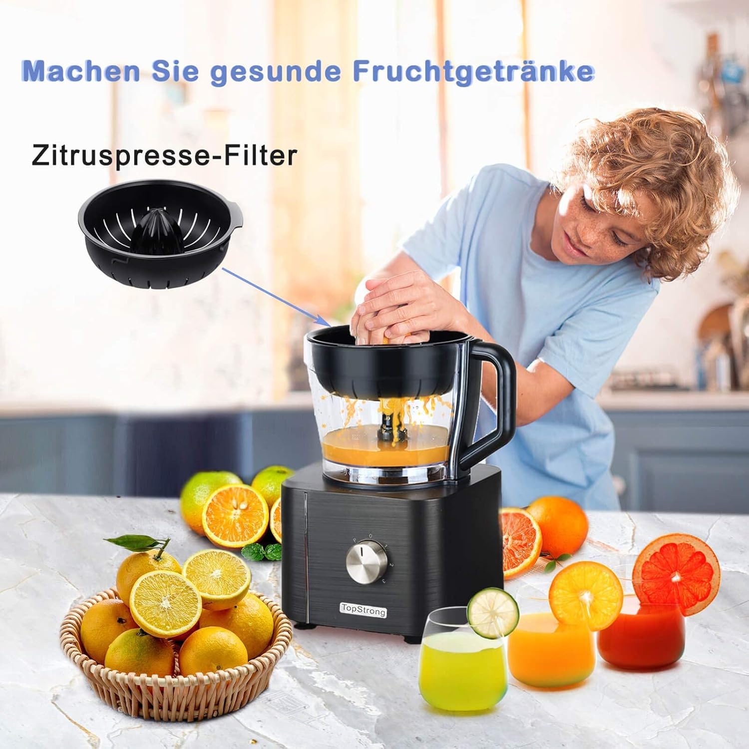 TopStrong Multifunctional Food Processor, 1100 W Multifunctional Food Processor, 11 in 1 Food Processor Included Chopper, Kneader Hook, Blender, Citrus Press and Coffee Grinder, 3.2L Bowl and 1.5L