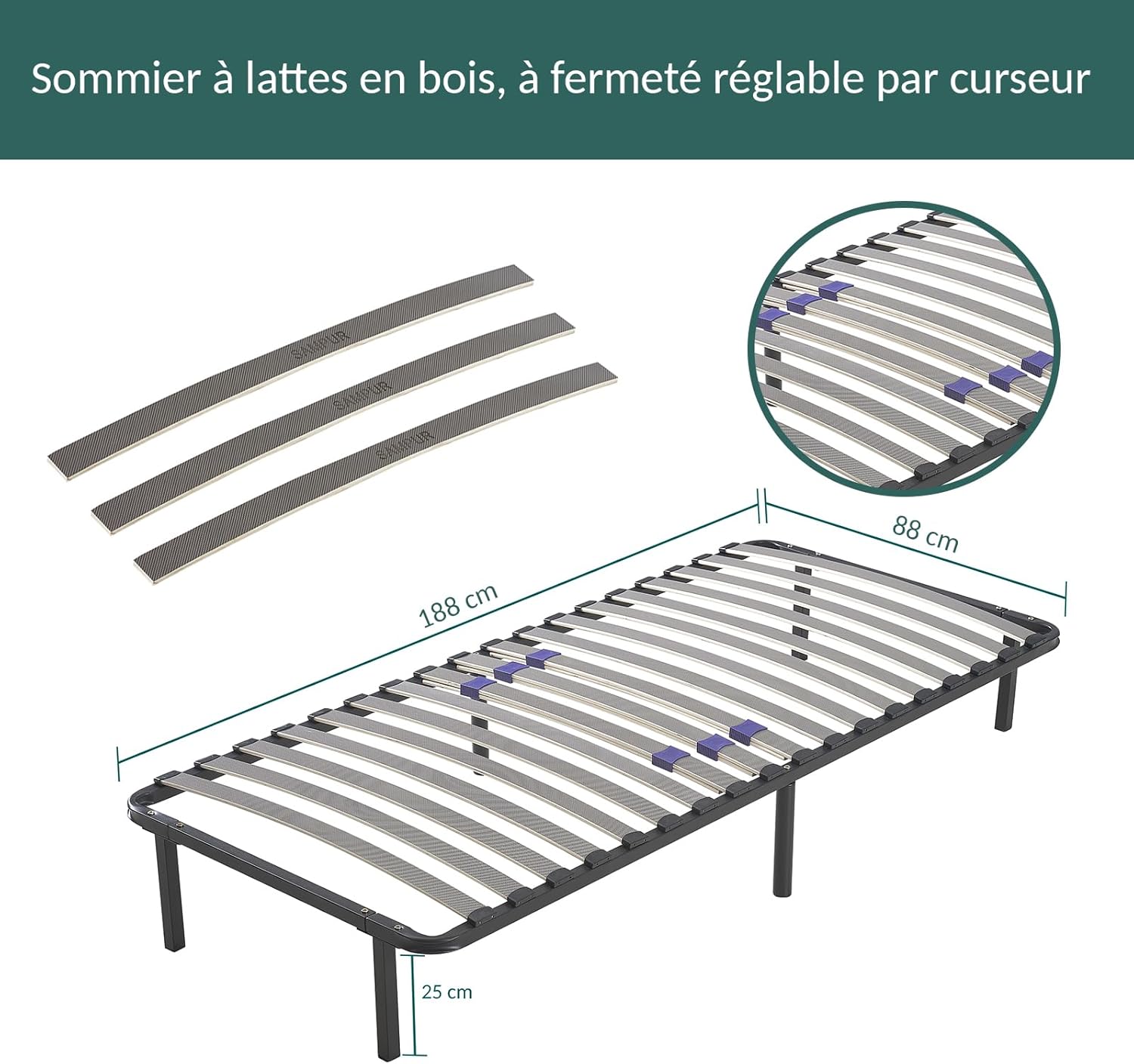 SAMPUR - Essential bed base 140 x 200 cm | Durable and comfortable | Feet included | Adjustable slats | Epoxy lacquered metal frame | Quick and easy assembly