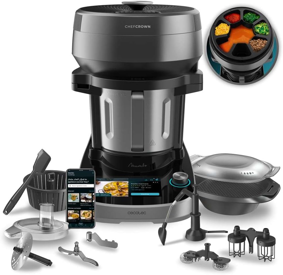 Cecotec Robot de Cuisine Mambo Black. 23 Fonctions, 10 Niveaux de Température, 1700W, 2,5 kg de Pâte, Cruche de 3,3L, 10 Vitesses, Minuterie, Température Réglable de 37 °C à 120 °C