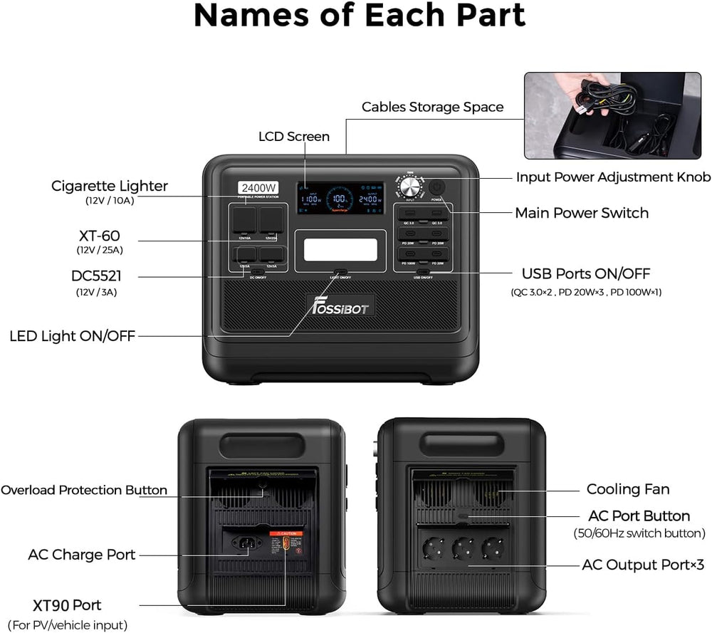 FOSSiBOT F2400 Station électrique portable CA 2400W (4800W Pic), Station Silencieux Solaire 2048Wh LiFePO4, Groupe Générateur Électrique Onduleur Alimentation de Secours à Domicile Camping
