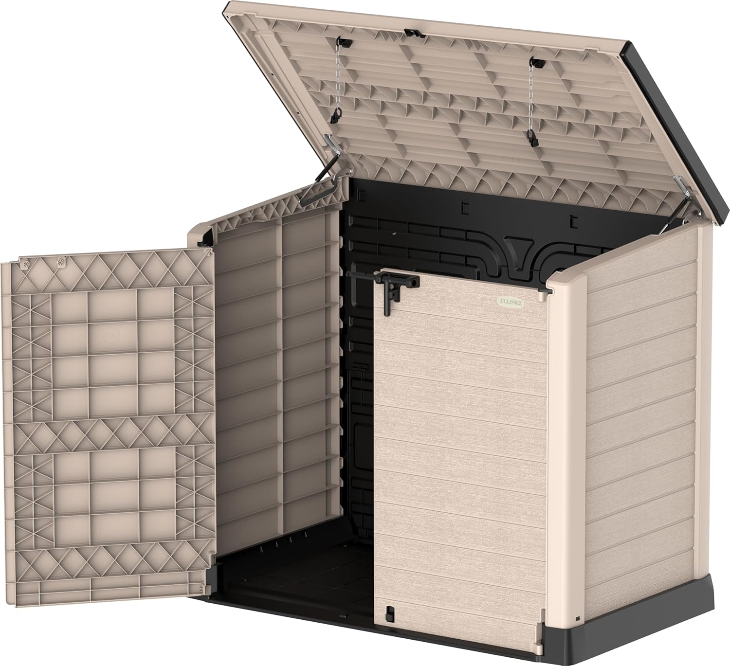 Duramax StoreAway 1200L Plastic Garden Shed/ Flat Lid, Outdoor Storage Shed, Wheelie Bin Hideaways, Wheelie bin box, Durable Construction, Ideal for Bikes, BBQs & 2x 240L Bins, 145x85x125 cm, Brown
