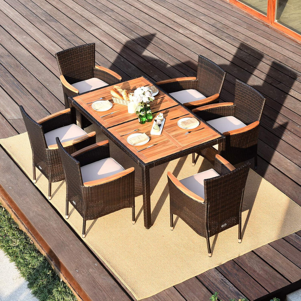 GIANTEX Salon de Jardin 6 Personnes en Rotin et Bois d'Acacia, Table de Jardin Extérieure avec 6 Chaises, Coussins, Trou de Parasol, Pieds Réglables, pour Cour, Pique-Nique, Marron