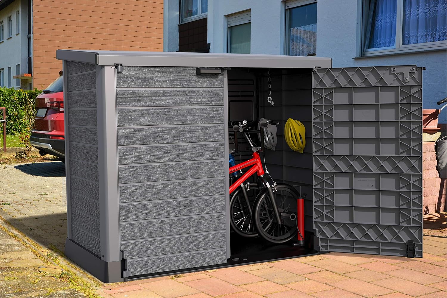 Duramax StoreAway 1200L Plastic Garden Shed/ Flat Lid, Outdoor Storage Shed, Wheelie Bin Hideaways, Wheelie bin box, Durable Construction, Ideal for Bikes, BBQs & 2x 240L Bins, 145x85x125 cm, Brown