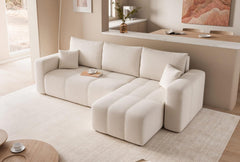 GREKPOL Canapé d'angle Convertible 145x248 à Gauche ou à Droite - Canapé 3 Places Convertible Beige avec Espace de Rangement