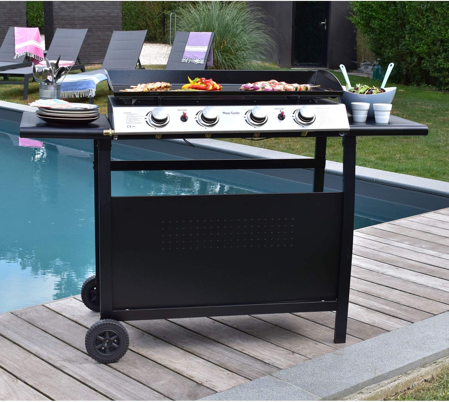 Happy Garden Plancha au gaz Valencia - 4 brûleurs 10kW + Chariot
