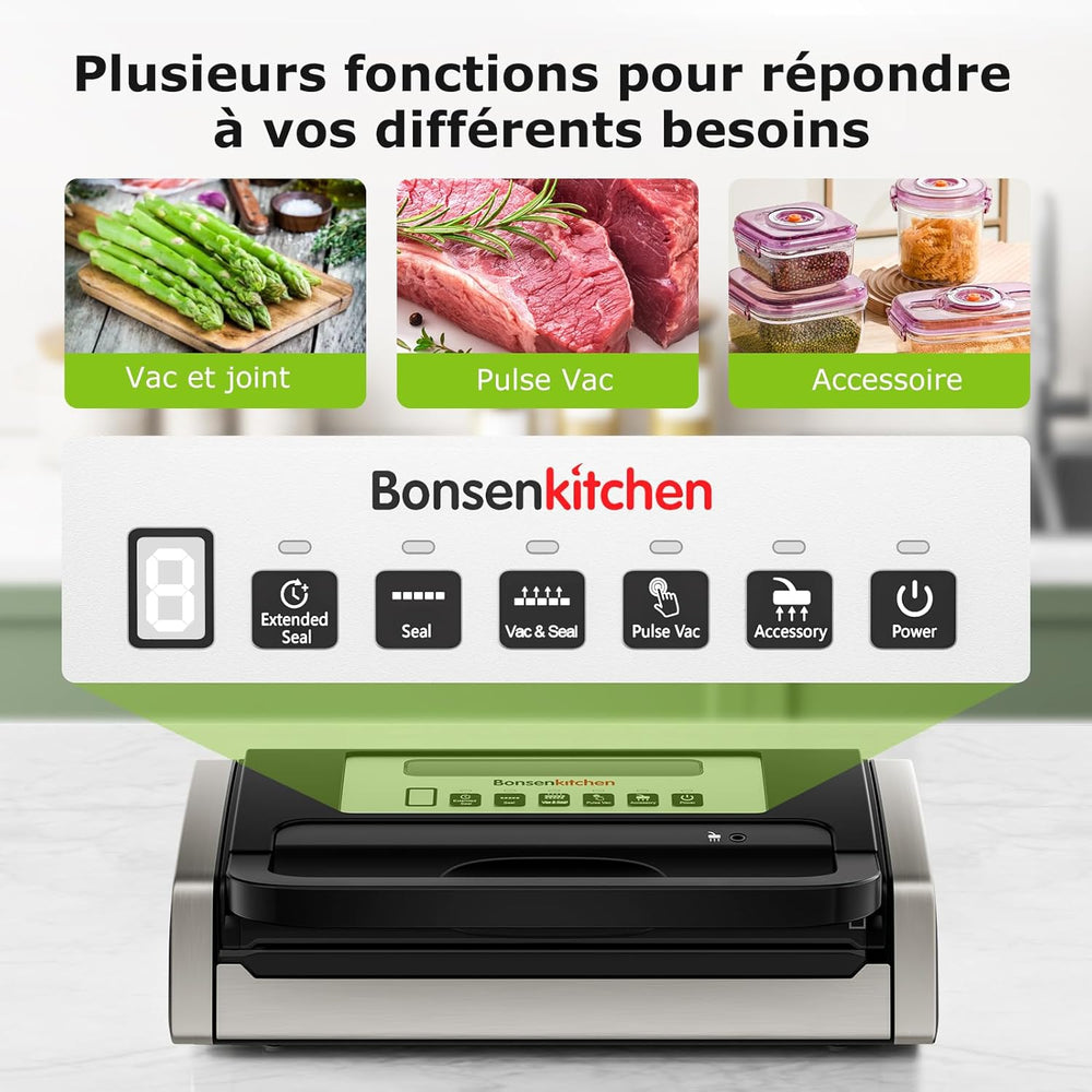 Bonsenkitchen Powerful and Quiet Food Vacuum Sealer with Globefish Technology for Continuous Work, Locked Handle Design, Integrated Cutter, 2 Rolls of Bags Included