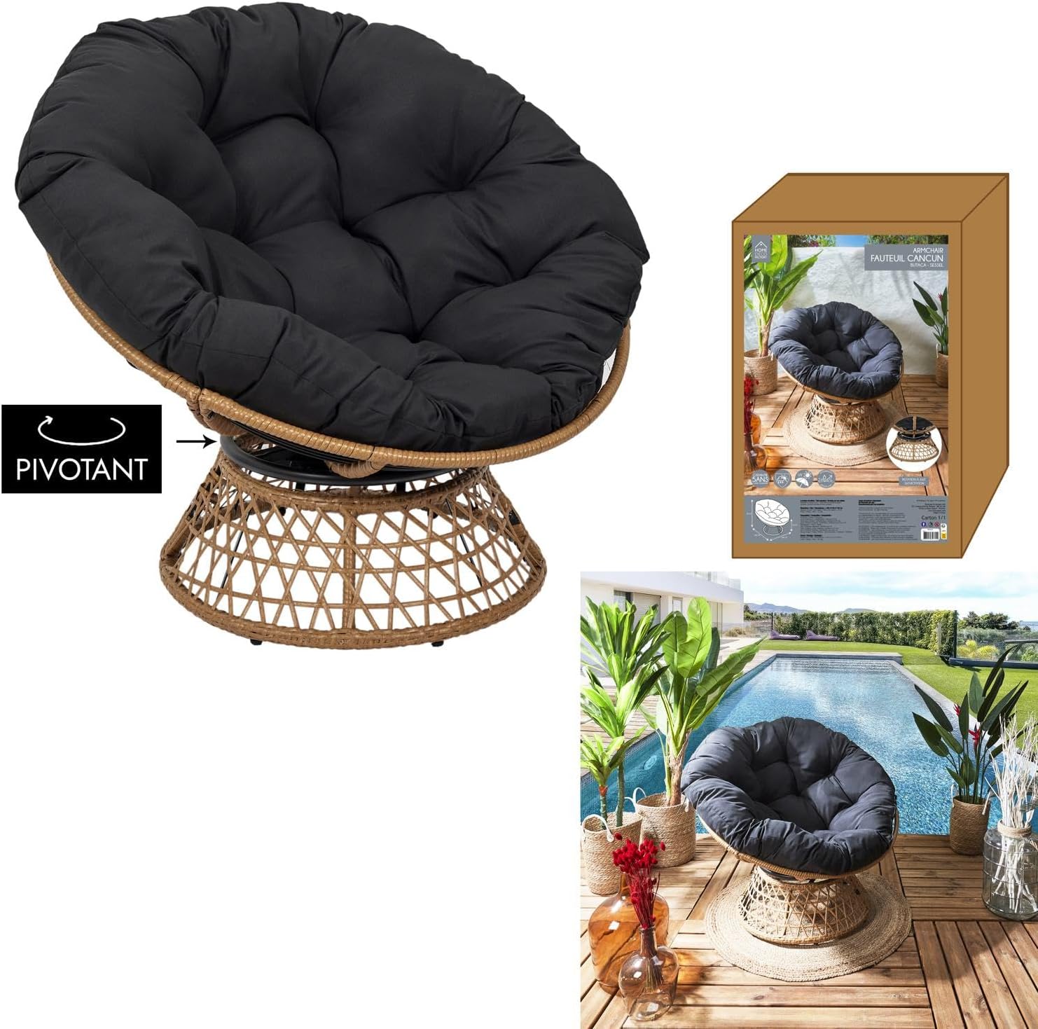HOME DECO FACTORY, Fauteuil Pivotant Extérieur, Chaise Relax Ronde, 1 Place Pivotant à 360°, Coussin Épais Grand Confort Inclus, Mobilier de Jardin pour Amenagement Balcon Terrasse Salon de Jardin