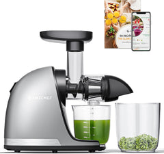 AMZCHEF Extracteur Jus - Extracteur de Jus de Fruits et Légumes - Presses-agrumes à Froid sans BPA avec 2 Tasses et Brosse - Fonction de Mastication Inversée pour Éviter les Blocages - Argent