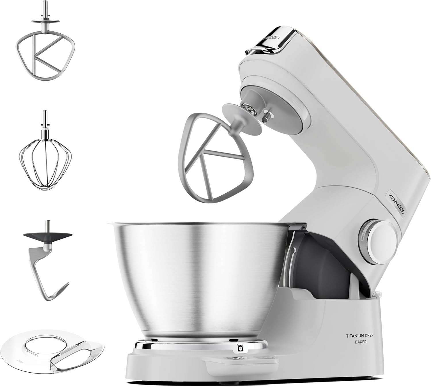 Kenwood Titanium Chef Baker KVC65.001WH, Pastry Robot with Integrated Scales, Including 3-Piece Pastry Set, Spatula & Splash Protection, 1200 W, White