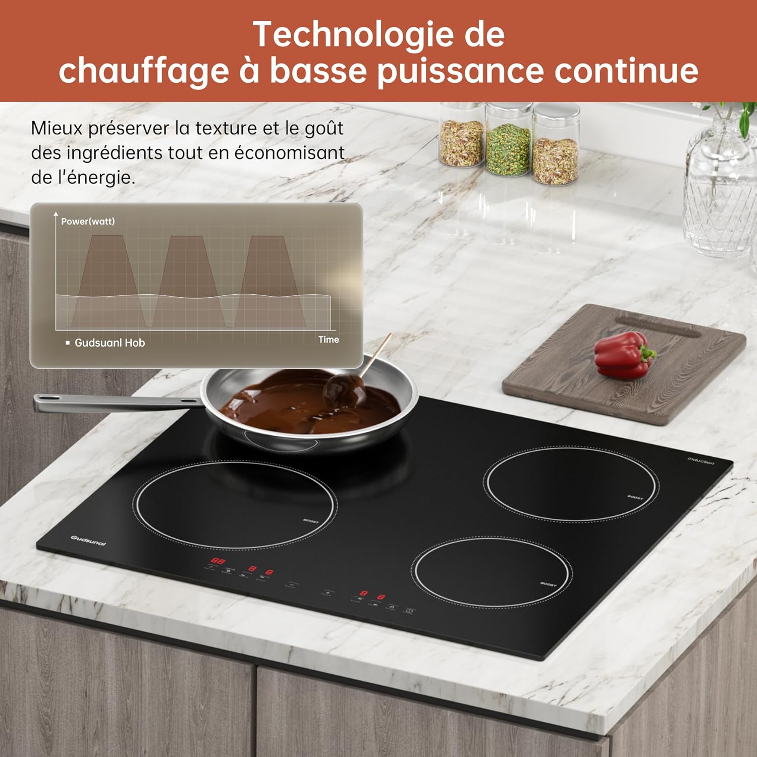 Gudsunal Plaque induction 4 feux, Table de Cuisson Encastrable,7200W, 9 niveaux de chauffage,Boost, Minuterie, Arrêt automatique, Verrouillage de sécurité enfant