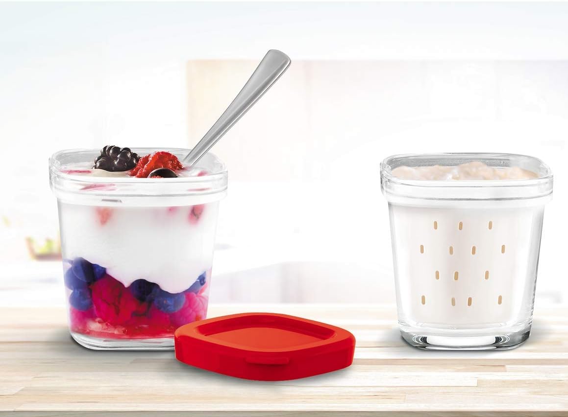 Seb Yogurt Maker 12 Jars, Glass Jars 140 ml, 5 Automatic Programs, BPA-Free, Compact, Homemade Yogurt & XF101001 Delices Box Box 1 L Tray White Yogurt-Cheese with Drainer