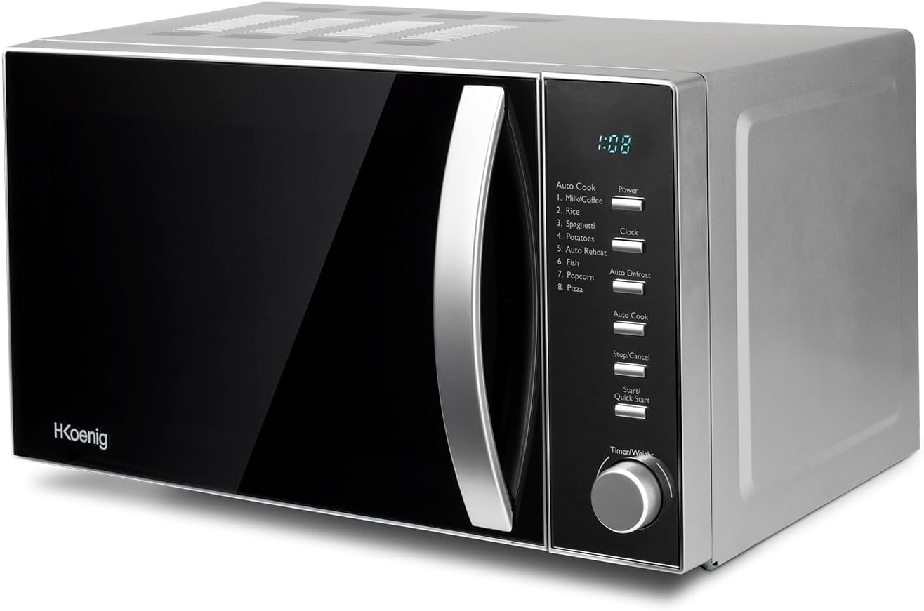 H.Koenig Four à Micro-ondes Compact Digital 20L VIO2, 700W, Plateau tournant 24,5cm, Multifonction Programmable 6 niveaux de chauffe, Décongélation et Express, Minuterie 60min, Effet mirroir noir