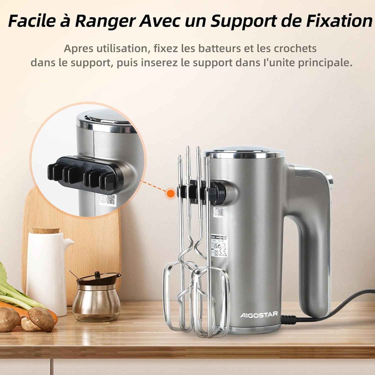 Aigostar Adela - Batteur Électrique, Batteur à Main Électrique Ultra Puissant de 400W. 5 Vitesses + Turbo, Bouton D'éjection. 1 Support de Rangement et 2 Batteurs et 2 Crochets Pétrisseurs.