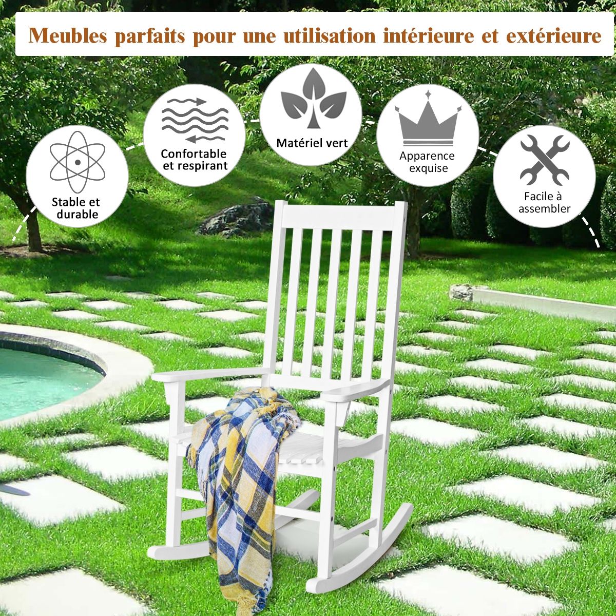 Fauteuil à Bascule en Bois d'Acacia Chaise Berçante pour Jardin Pelouse Balcon Blanc -