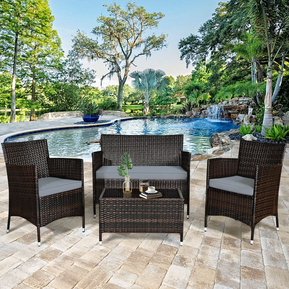 Salon de Jardin 4 PCS Mobilier de Terrasse en Rotin PE pour Véranda Patio Terrasse Piscine Marron et Gris