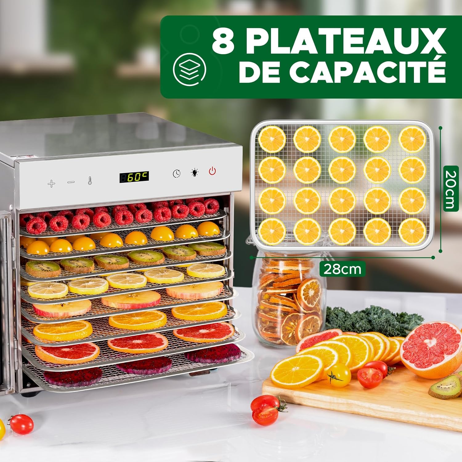 Kwasyo Food Dehydrator Stainless Steel 8 Trays Temperature Regulator 30-90°C 24H Timer Function BPA Free Dehydrator for Fruit, Meat, Vegetables